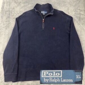 Vintage 90s Polo Ralph Lauren Mens Quarter Zip Pullover Sweatshirt Navy Blue XL